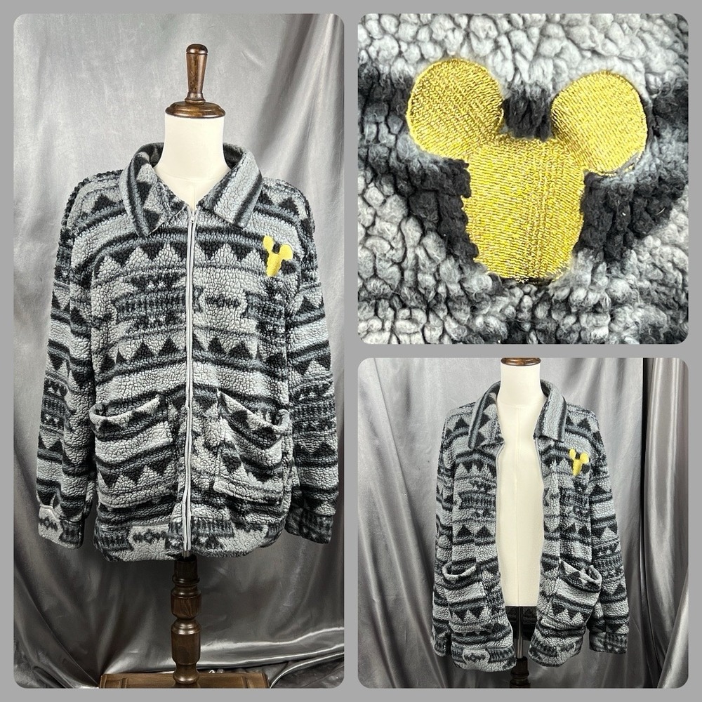 Disney Mickey Mouse‎ Gray Aztec Fleece Zip Jacket Sz XL Sherpa Lined Embroidered